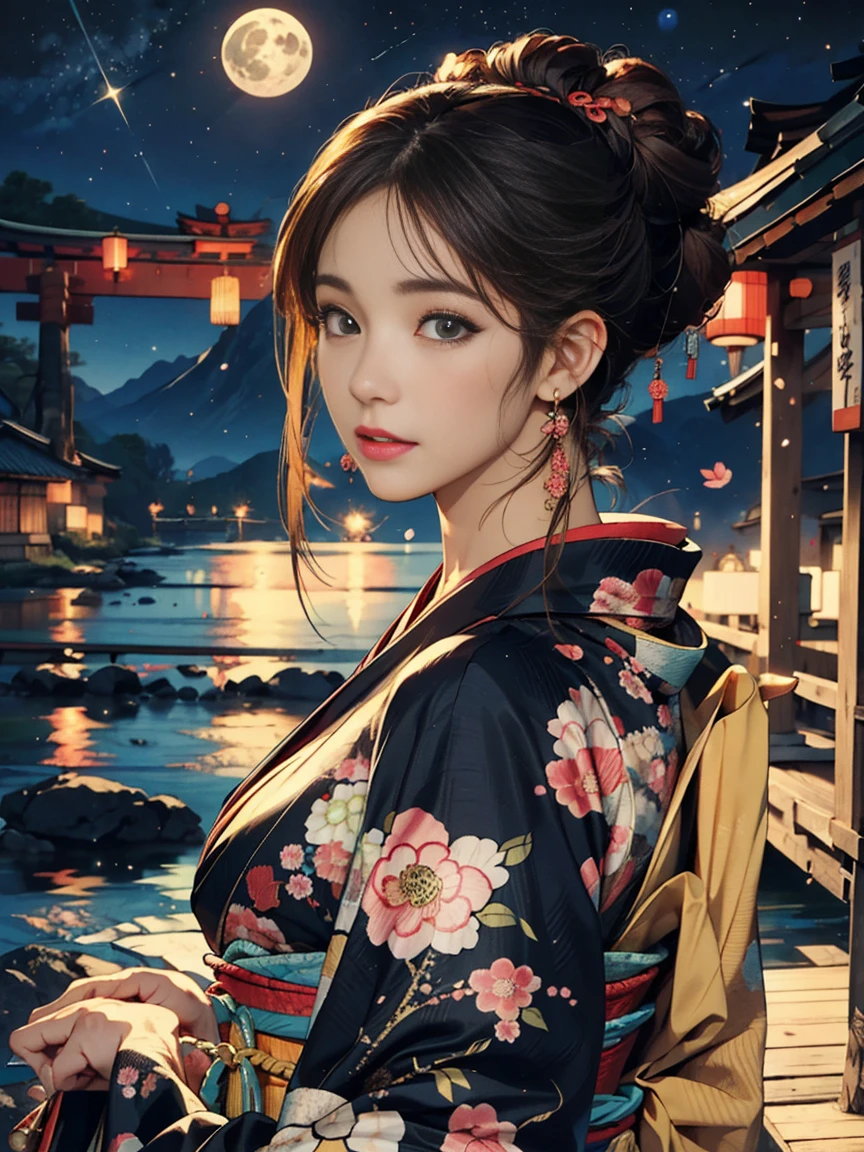 (Highest quality、 8k 、masterpiece、High resolution)、(whole body)、Vibrant colors、Brown-black bob、Traditional topknot、Ample breasts、(Highly detailed face and eyes,Beautiful Face,Beautiful Eyes,Beautiful nose,Pretty lips)、Official Art、Ukiyo-e style、 (Beautiful woman in kimono)、(Vivid floral patterned kimono)、background、river、bridge、Mountain、wood、Starry Sky、moon、Detailed CG、