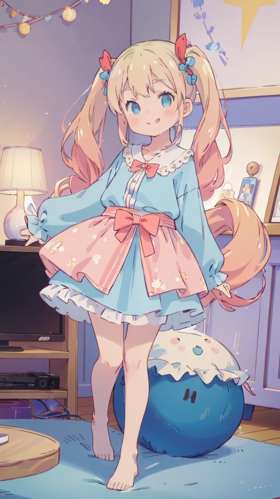 ((masterpiece))((Highest quality))girl、Smirk、blush、Flat Chest、Are thin、Blonde Hair、blush、Are standing、Whole body image、Eye level to the feet、front、No background、真frontのアングル、Blue clothes、Two-tone red and blue hair、Twin tails、Red Alice outfit