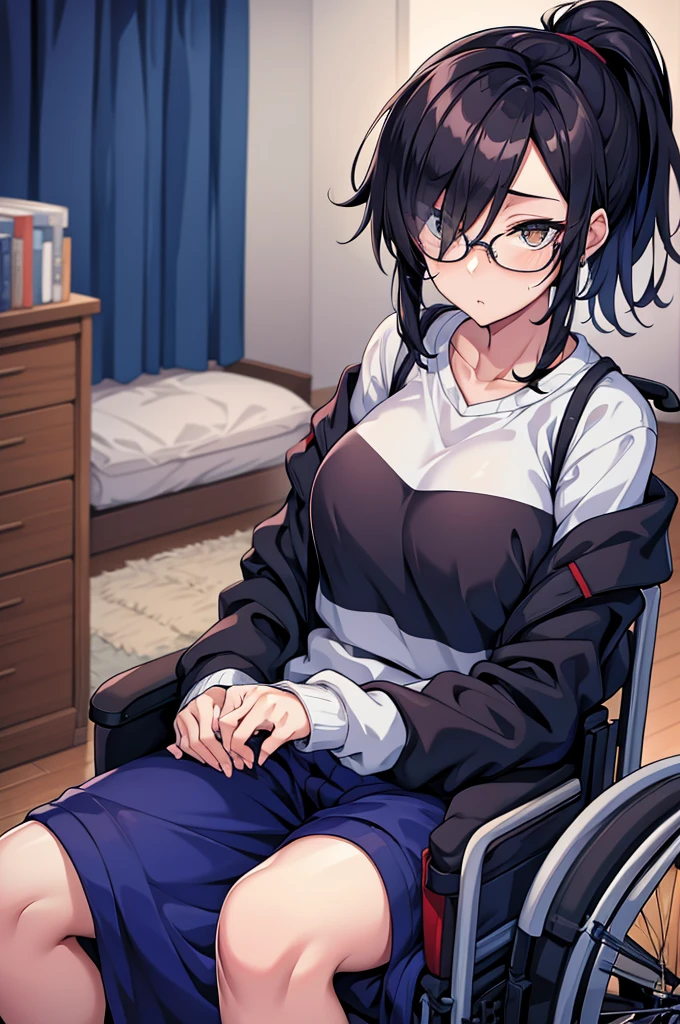 woman, hair over one eye, golden eyes, Tomboy, sweatpants, hoodie, looking at viewer, black short hair with a ponytail, bedroom, round glasses, bags under eyes, tired, solo, wheelchair