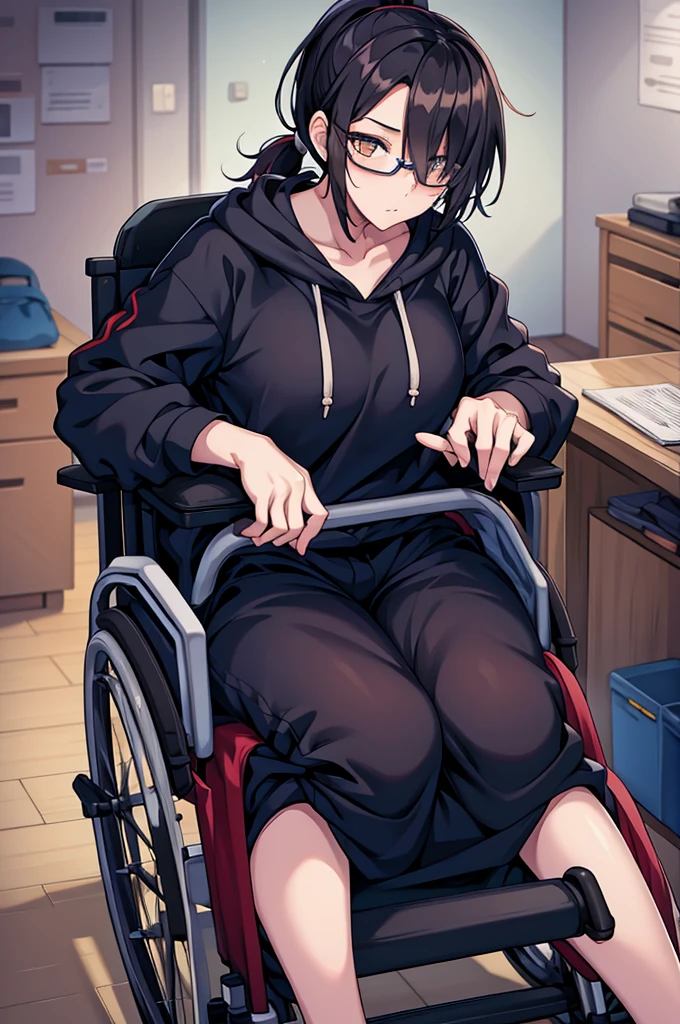 woman, hair over one eye, golden eyes, Tomboy, sweatpants, hoodie, looking at viewer, black short hair with a ponytail, bedroom, round glasses, bags under eyes, tired, solo, wheelchair