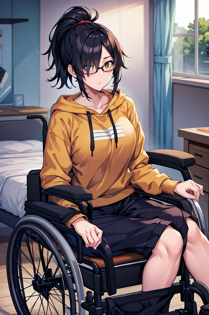 woman, hair over one eye, golden eyes, Tomboy, sweatpants, hoodie, looking at viewer, black short hair with a ponytail, bedroom, round glasses, bags under eyes, tired, solo, wheelchair