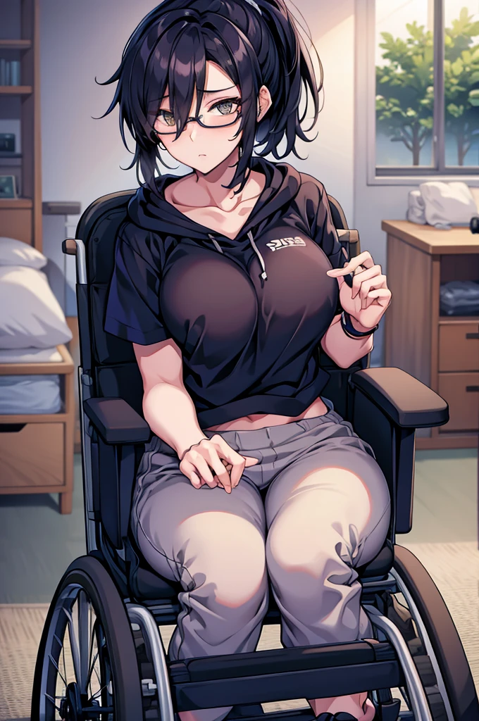 mature woman, hair over one eye, golden eyes, Tomboy, sweatpants, hoodie, looking at viewer, black short hair with a ponytail, bedroom, round glasses, bags under eyes, tired, solo, wheelchair