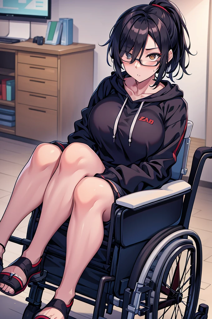 mature woman, hair over one eye, golden eyes, Tomboy, sweatpants, hoodie, looking at viewer, black short hair with a ponytail, bedroom, round glasses, bags under eyes, tired, solo, wheelchair