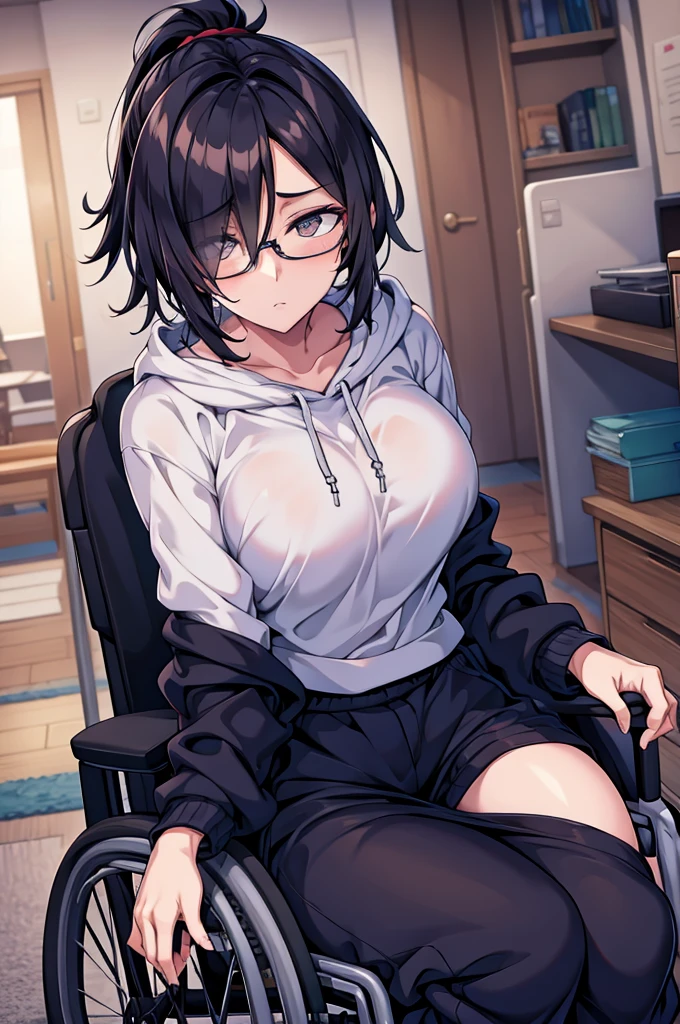 mature woman, hair over one eye, golden eyes, Tomboy, sweatpants, hoodie, looking at viewer, black short hair with a ponytail, bedroom, round glasses, bags under eyes, tired, solo, wheelchair