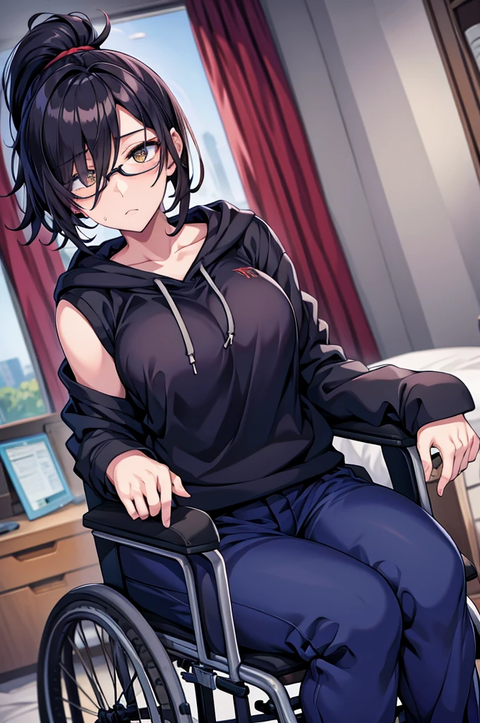 mature woman, hair over one eye, golden eyes, Tomboy, sweatpants, hoodie, looking at viewer, black short hair with a ponytail, bedroom, round glasses, bags under eyes, tired, solo, wheelchair