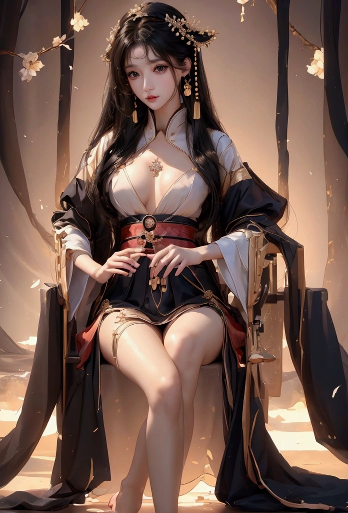 Best image quality、8k、masterpiece:1.3))、Realistic high-quality photos、Highest quality、 Beautiful face、Photos of slim models、Beautiful girl model、Young and pretty face、Beautiful model girl、A lovely and delicate face、Black Hair、Beautiful brown eyes、Young Body、Hanfu, (emphasize)、from the front、Camera gaze,、Anatomically correct、胸の谷間をemphasize、whole body、Exposed thighs