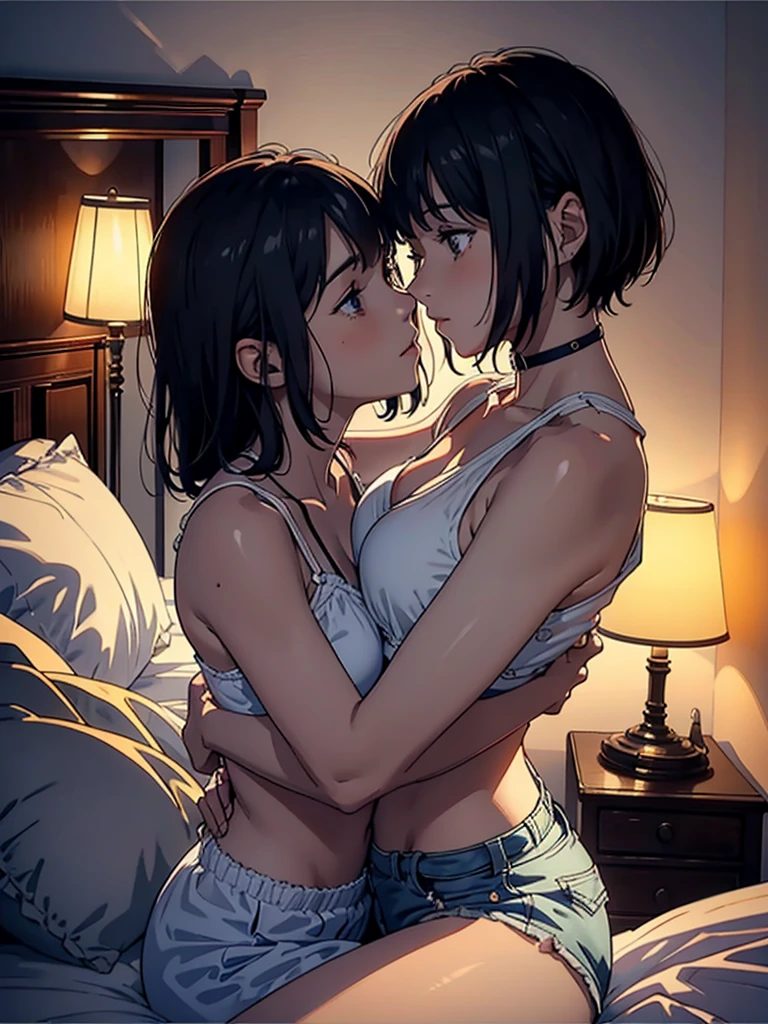 Deux filles lesbiennes s'embrassant, épaules et cou, en sueur, chaud, câlins, sexy pour, de, (((NU))), séjourné, Des lits, in Des lits, chambre noire, une lampe, allongez-vous, face à face