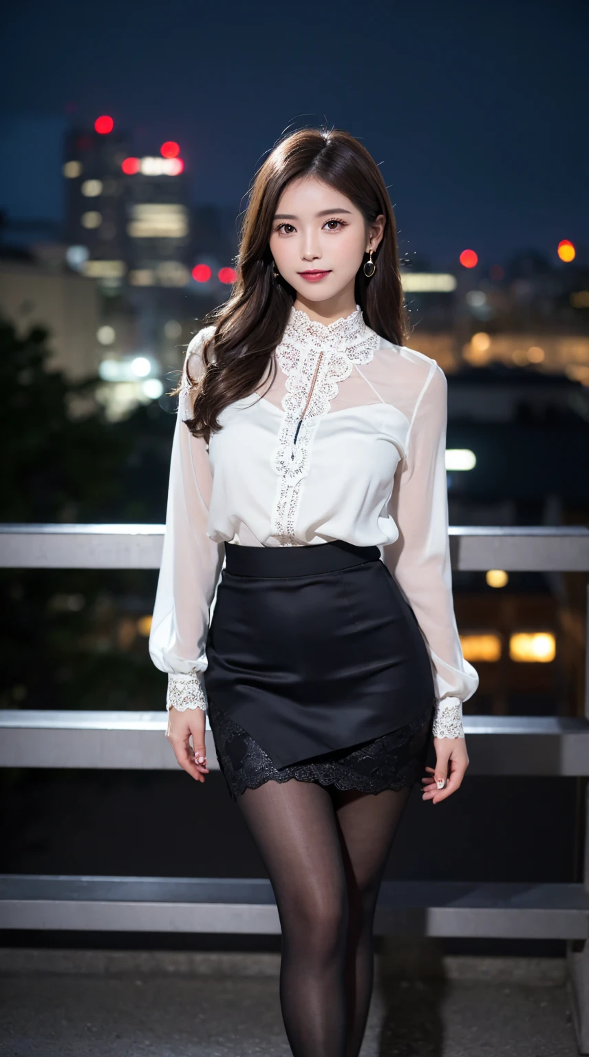 highest quality, masterpiece, 8K, ultra high resolution, (realistic: 1.4),  1 girl, beautiful face, symmetrical eyes, Japanese, smile, brown hair, perfect body proportions,  full body, smile , large breasts, high heels, wearing makeup , pantyhose,  ((black and white color lace fabric blouse)), ((silk black color skirt)), ((tight fitting skirt )), (laced long sleeve) , (city night, dark night, (blurred background), dim lights, cityscape,  in the dark, deep shadow, model pose , (legs shown: 1.3)

