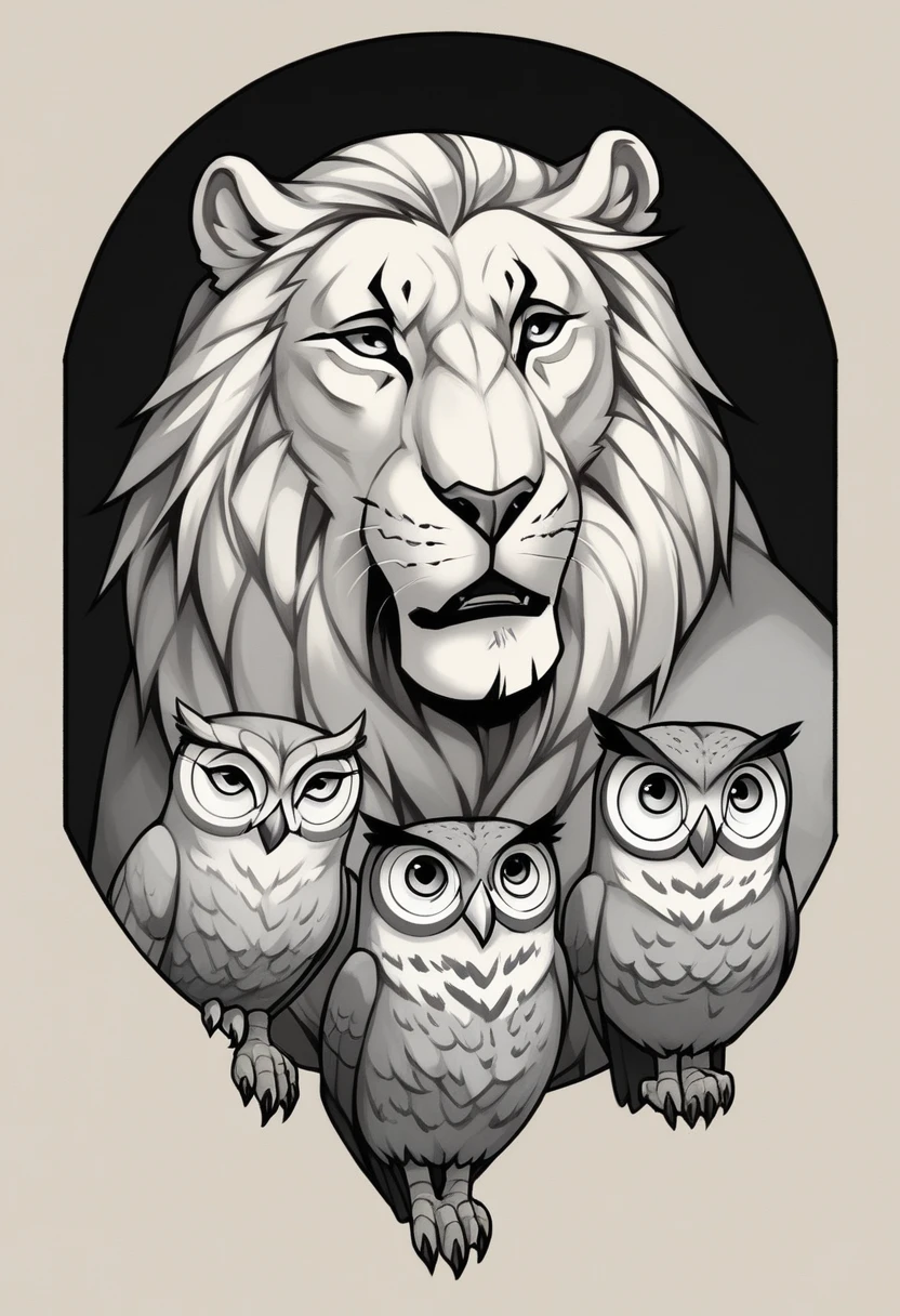 create an image divided into 3 parts, these images must be a close-up of the face of 3 animals, each is the representation of an archetype, first animal and an owl (located in the left corner in the first part of the image), second the lion (located in the center of the image), third animal is eagle (located in the third part of the image in the right corner of the image), the image must be divided equally vertically and no part must invade or overlap the other, the image must be made in black and white, ultra-realistic, 8k, extreme sharpness and details, black background, (Owl, Lion, Eagle), ( An image with 2 divisions and three parts), all facing the camera, division in black