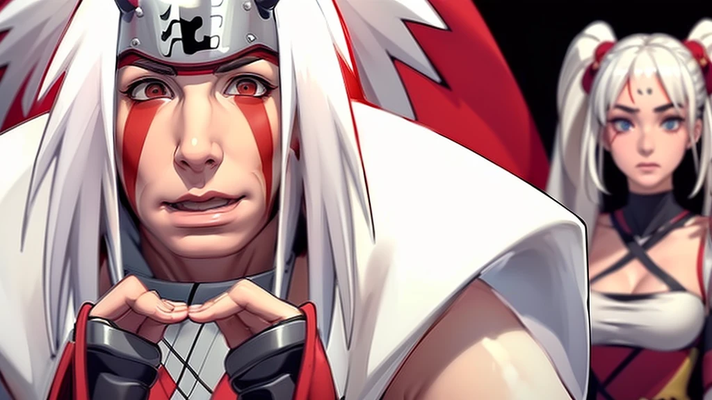 (（（Perfect body,White and tender skin,（（（Wearing a red coat with brown clothes inside, wooden clogs on feet, ninja protective gear on both hands, and a large scroll hanging behind them）））,（（（Jiraiya，Wearing forehead protectors, long white hair, and red marks under the eyes,）））,((masterpiece)),high resolution, ((Best quality at best)),masterpiece,quality,Best quality,（（（ Exquisite facial features,Looking at the audience,There is light in the eyes,Nosebleeds）））,）））,（（（Light and shadow,）））,（（（Looking at the camera,black background,)））)