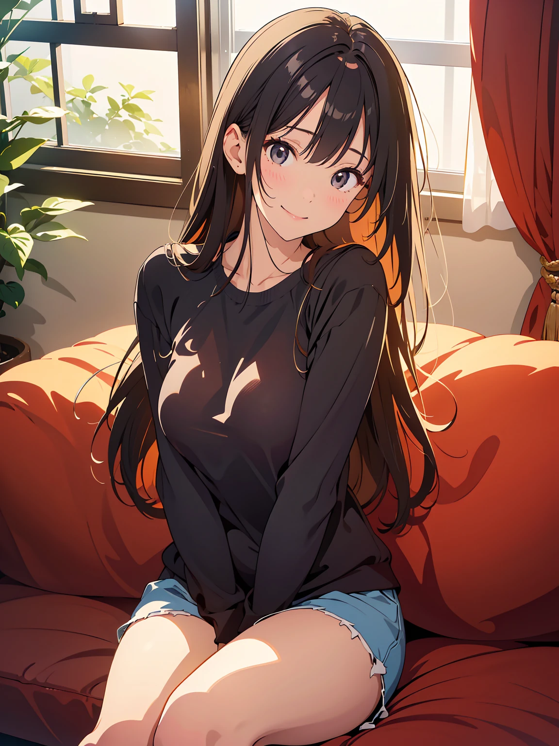 The girl knelt on the white and soft big bed，Jet black long hair，Only a white shirt was worn，Ambiguous expression，Eyes are confused，The background is the sun shining into the house against the sun