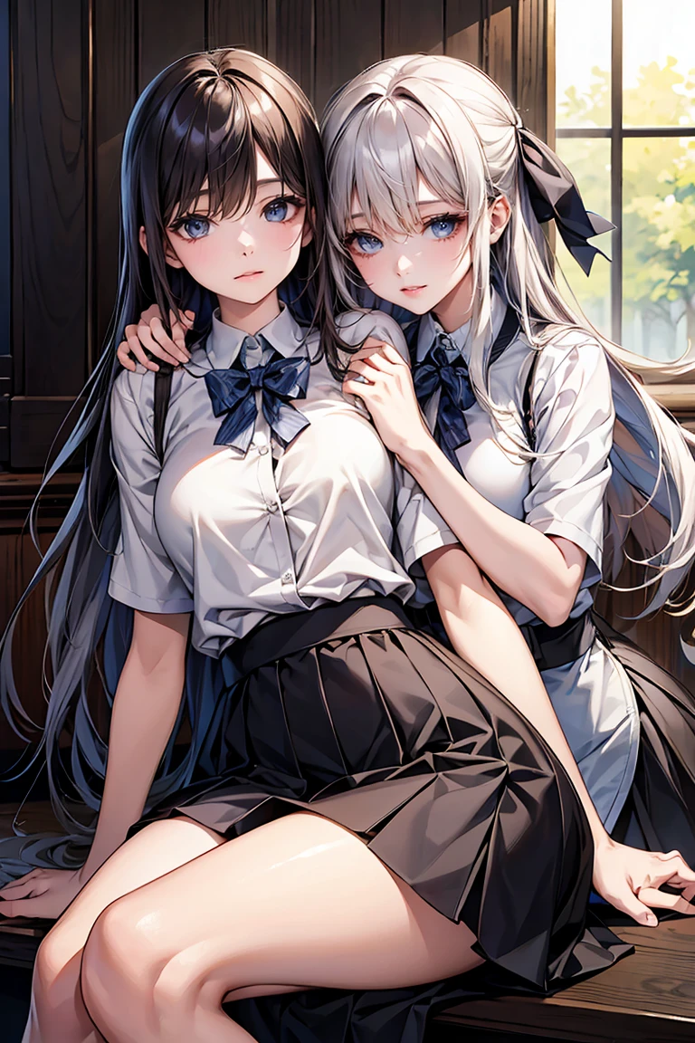 (masterpiece), ((Highest quality)), (masterpiece,Highest quality,Official Art,Highly detailed CG Unity 8K wallpapers)、Beautiful Japanese Woman、Detailed face、Smooth Skin、

### Jacket（blazer）
- **material**: Highly functional fibers（Temperature regulation and stain resistance、Has antibacterial properties）
- **color**: Based on monochrome、Simple lines and a stylish impression - **shape**: In a tight fit、Designed to fit around the shoulders and waist - **detail**: Silver or metallic buttons、School emblem on left chest

### Shirt - **material**: 吸湿速乾性に優れた軽量material
- **color**: Clean White、Thin lines on collar and cuffs - **shape**: シンプルで動きやすいshape状、The front buttons are hidden

### skirt／pants
- **material**: Jacketと同じHighly functional fibers
- **color**: blazerと同じモノトーンカラー、Simple stripes included - **shape**: 
  - **skirt**: 膝丈のAラインskirt、Designed for active movement - **pants**: タイトフィットのストレートpants、skirtと同じ柄で統一感を持たせる

### inner - **material**: 柔らかく快適なmaterial（for example、Organic cotton and bamboo fiber）
- **color**: blazerやシャツと調和するカラーバリエーション
- **shape**: Long or short sleeves、Tank tops and other seasonal variations

### shoes - **material**: 通気性と耐久性を兼ね備えた合成material
- **color**: Black or dark grey、Silver accents - **shape**: Sneaker type、Supporting active student life

### Accessories - **tie／ribbon**: Design based on school emblem color - **bag**: Lightweight and versatile backpack、Reflector included for safety - **hat**: Optional cap or beret、Designs that can be used during extracurricular activities　(The background is a school classroom and a school route.)