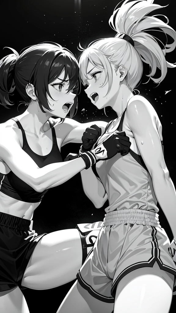 Boxing action Two women are boxing in the ring. The woman on the right hits the woman on the left in the cheek.. The woman on the left has her right eye closed, opening her mouth, and sweat.