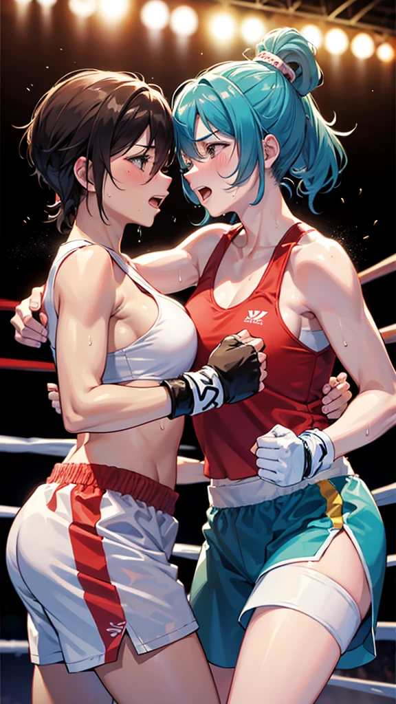 Boxing action Two women are boxing in the ring. The woman on the right hits the woman on the left in the cheek.. The woman on the left has her right eye closed, opening her mouth, and sweat.