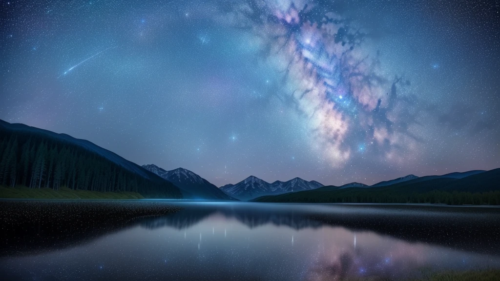 Starry sky over a lake with mountains in the background, stars reflecting on the water, The Tranquility of Infinite Stars, There is a Milky Way in the sky, Milky Way in the sky, Night Sky Photos, breathtaking stars, Gazing into space, astrophotgraphy, Night sky reflected on the water, Wonderful Milky Way, Timelapse