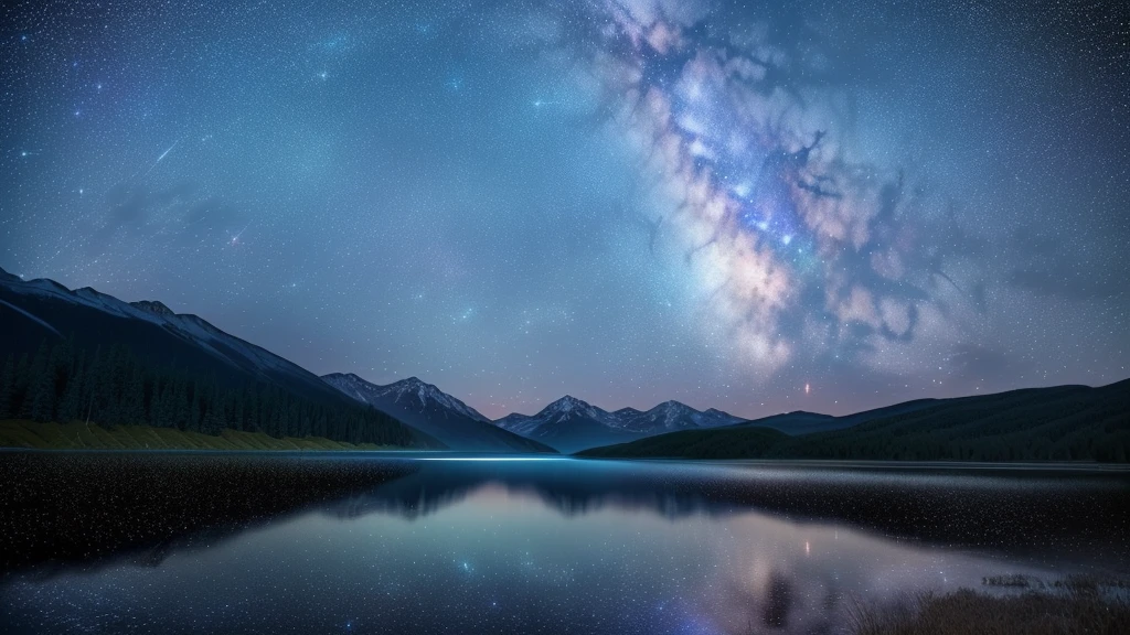 Starry sky over a lake with mountains in the background, stars reflecting on the water, The Tranquility of Infinite Stars, There is a Milky Way in the sky, Milky Way in the sky, Night Sky Photos, breathtaking stars, Gazing into space, astrophotgraphy, Night sky reflected on the water, Wonderful Milky Way, Timelapse