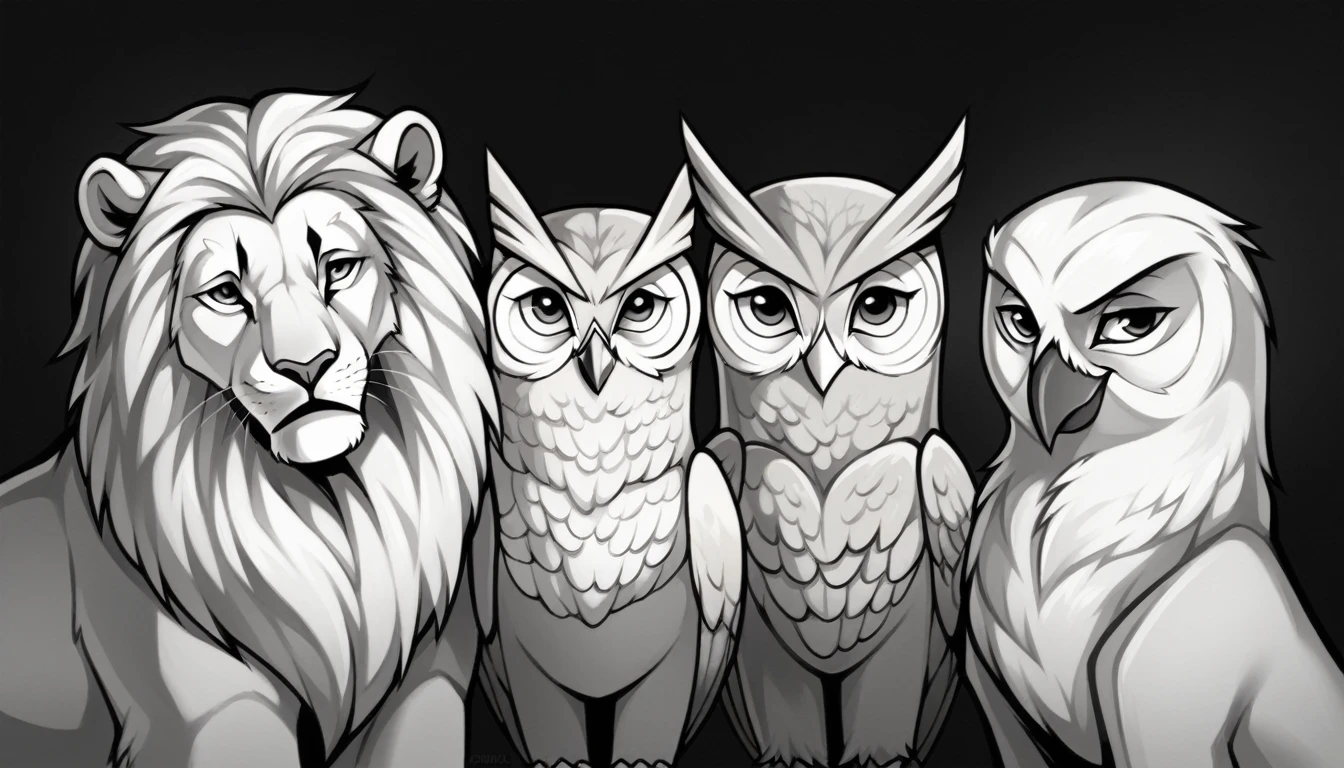 create an image divided into 3 parts, these images must be a close-up of the face of 3 animals, each is the representation of an archetype, first animal and an owl (located in the left corner in the first part of the image), second the lion (located in the center of the image), third animal is eagle (located in the third part of the image in the right corner of the image), the image must be divided equally vertically and no part must invade or overlap the other, the image must be made in black and white, ultra-realistic, 8k, extreme sharpness and details, black background, (Owl, Lion, Eagle), ( An image with 2 divisions and three parts), all facing the camera, division in black
