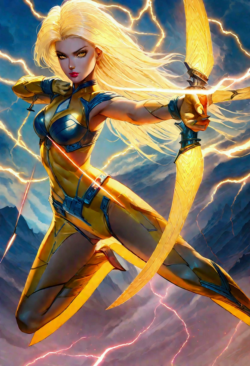 Katalina Thunderbolt, superheroine, Goddess of Thunder, mid-air pose, shooting lightning arrow, thunderbolt bow, sleek alluring form-fitting yellow costume, electrifying patterns, glowing accents, agile flexible physique, vibrant electric currents, dynamic stormy sky, bolts of lightning, swirling clouds, central composition, digital illustration, fantasy art, superhero art, intricate details, cinematic, ultra-detailed, 32k resolution, epic lighting, stunning composition, vibrant yellows, electric blues, stormy grays, beautiful masterpiece