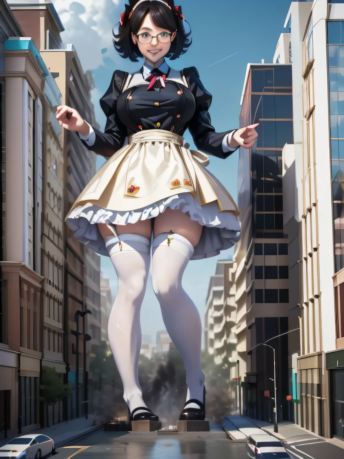 multiple girls, giantess art, highly detailed giantess shots, giantess, most detailed, perfect face, Two legs, Five fingers, short hair, A beautiful girl who is bigger than a skyscraper, Wearing rimless glasses, smile, huge breasts, Maid clothes, Black Pantyhose, no shoes on, toes visible through pantyhose, Steam coming out from the soles of my feet, Destroying cities, Under heavy attack, A very small big city, Miniature metropolis, Full body description, GTS, giga giantess, stomping city, crash city, tiny city, micro city, pantyhose feet, High resolution, highest quality, masterpiece,
