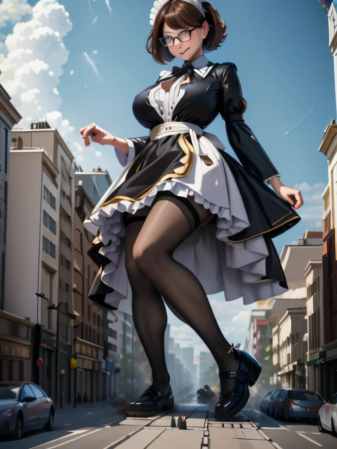 multiple girls, giantess art, highly detailed giantess shots, giantess, most detailed, perfect face, Two legs, Five fingers, short hair, A beautiful girl who is bigger than a skyscraper, Wearing rimless glasses, smile, huge breasts, Maid clothes, Black Pantyhose, no shoes on, toes visible through pantyhose, Steam coming out from the soles of my feet, Destroying cities, Under heavy attack, A very small big city, Miniature metropolis, Full body description, GTS, giga giantess, stomping city, crash city, tiny city, micro city, pantyhose feet, High resolution, highest quality, masterpiece, 