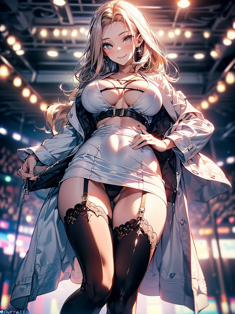 ((A young woman wears a sexy white dress:1.3, cable cardigan:1.3, close-up of chest:1.37, sexually seductive:1.3)), Mature woman with long hair and white dress, blue military uniform, red ribbon, Knee-length boots, White and blue winter outfit, full body, great details, beautiful anime illustrations, 26 years old, Take a break, ((milf:1.5, alone:1.5)), (NRF:1.25), (Sagging breasts, refuge chest, big , Thin waist, big ass:1.2), Increase sexiness, (Ultra high resolution, ภาพถ่าย RAW 8k, Realistic picture, Thin outline:1.3, Focus clearly, best quality, natural light, Textile shading, blurred background, depth of field, Bokeh, (Bright pupils:1.2, Beautiful, detailed eyes with highlights.:1.3, Highly detailed eyes, Highly detailed face), red lips, Good realistic skin:1.1, look at the audience:1.3, (Dynamic angle:1.3, Focus Target:1.3, from below:1.4), (Many poses:0.0, sexy pose:1.3, นั่ง with opening legs shaped M:1.5), (charming, Smile sexy too.:1.4), The picture in the middle:0.2, (He wore a long white robe with holes and clothes.:1.1, bare breast:1.2),, Dark brown long leather boots:1.3, translucent lace stockings), (((correct anatomy:1.5))), ((perfect hand:1.5, Ideal body proportions:1.37)), (one night:1.3), Military Base