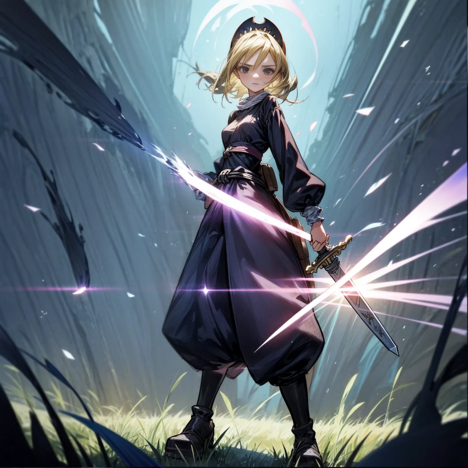 1girl, Full body version, 1character, black eyes, long Frizzy haircut, blonde colour hair, medieval clothing, long pants, headband, boots, Grassroots, full background in field town, motion blur, lighting, (one piece art), standing poses, sword in hand