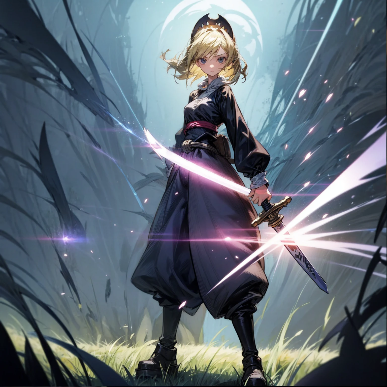1girl, Full body version, 1character, black eyes, long Frizzy haircut, blonde colour hair, medieval clothing, long pants, headband, boots, Grassroots, full background in field town, motion blur, lighting, (one piece art), standing poses, sword in hand