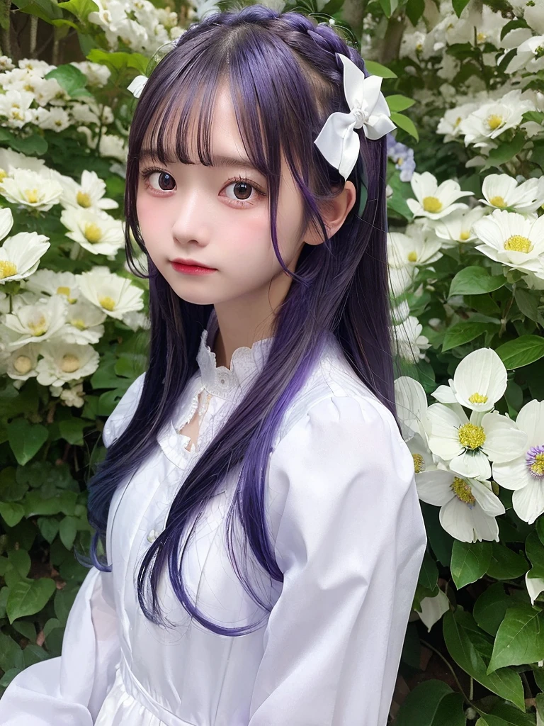 Highest quality, masterpiece, Very detailed, Detailed Background, One girl, alone, Long Hair, flower, Blue Hair, White Background, pink flower, Simple Background, profile, Upper Body, shirt, white shirt, white flower, bow, bangs, Purple eyes, leaf, blush