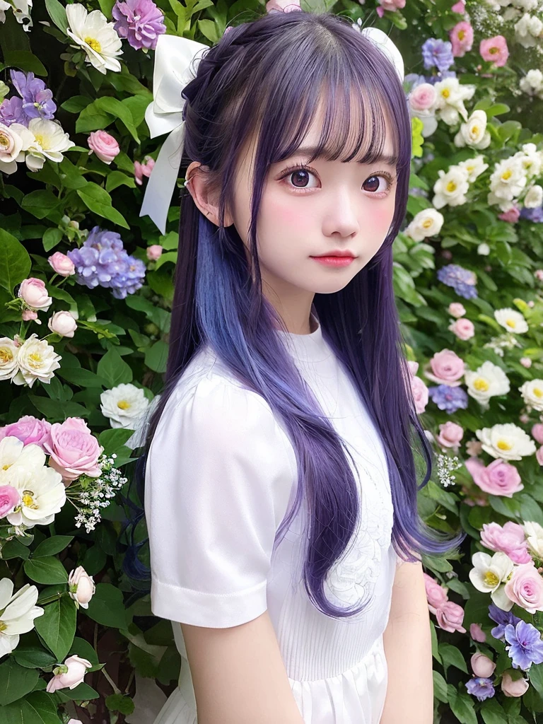 Highest quality, masterpiece, Very detailed, Detailed Background, One girl, alone, Long Hair, flower, Blue Hair, White Background, pink flower, Simple Background, profile, Upper Body, shirt, white shirt, white flower, bow, bangs, Purple eyes, leaf, blush