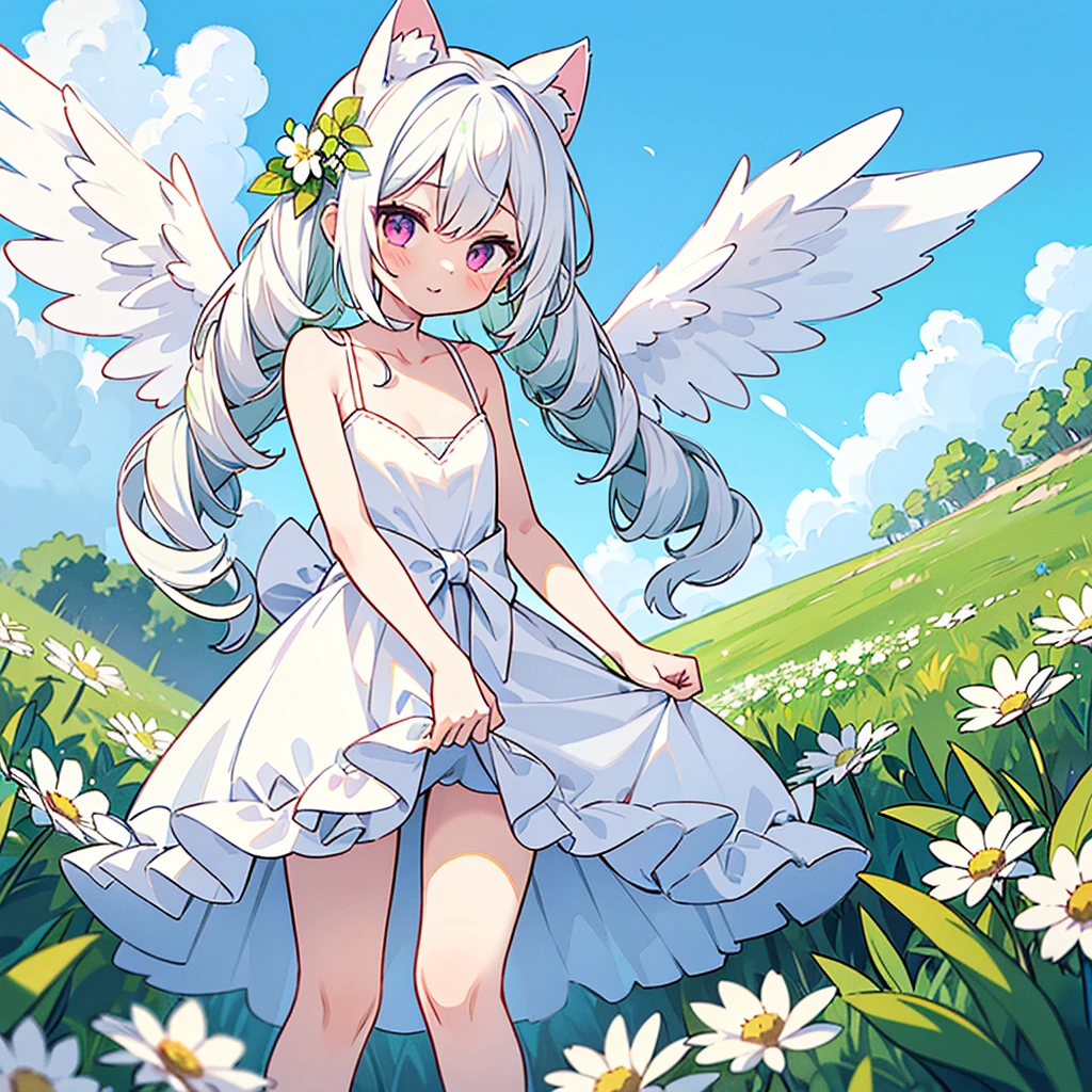 ((One girl)), (Standing diagonally facing forward:1.2), , (Slightly puffy breast), (Healthy peach-colored skin:1.2), smiling, 
BREAK
White cat ears, inside the ears the color of paw pads,
BREAK
(Pure white hair:1.6), (Soft, inward-curling pure white hair:1.6), (Medium-length hair:1.6), (The hair under the cat ears behind the side hair flows forward and curls strongly on the collarbone: 1.6), (The hair in the back is strongly curled and reaches above the shoulders:1.6), (Hair is left down, not tied up:1.3), (Hair is at the shoulders: 1.6), 
BREAK
(Pure white wings on the upper body:1.2), (Straight wings:1.3), (Small wings:1.6),
BREAK
(Simple dress made entirely of white:1.3), (Dress with slightly exposed shoulders:1.1), (Upper half of the torso of the dress fits tightly to the body up to the waist:1.3), (Lots of fabric from the waist down, gathers and separates from the body:1.4), (Dress is long enough to cover the thighs:1.6), (Dress skirt hangs down to the knees:1.6), No decoration on the dress, no petticoat or white,
BREAK
(Yellow-green grassland:1.6), (Lots of white flowers:1.6), (Clear blue sky:1.4)