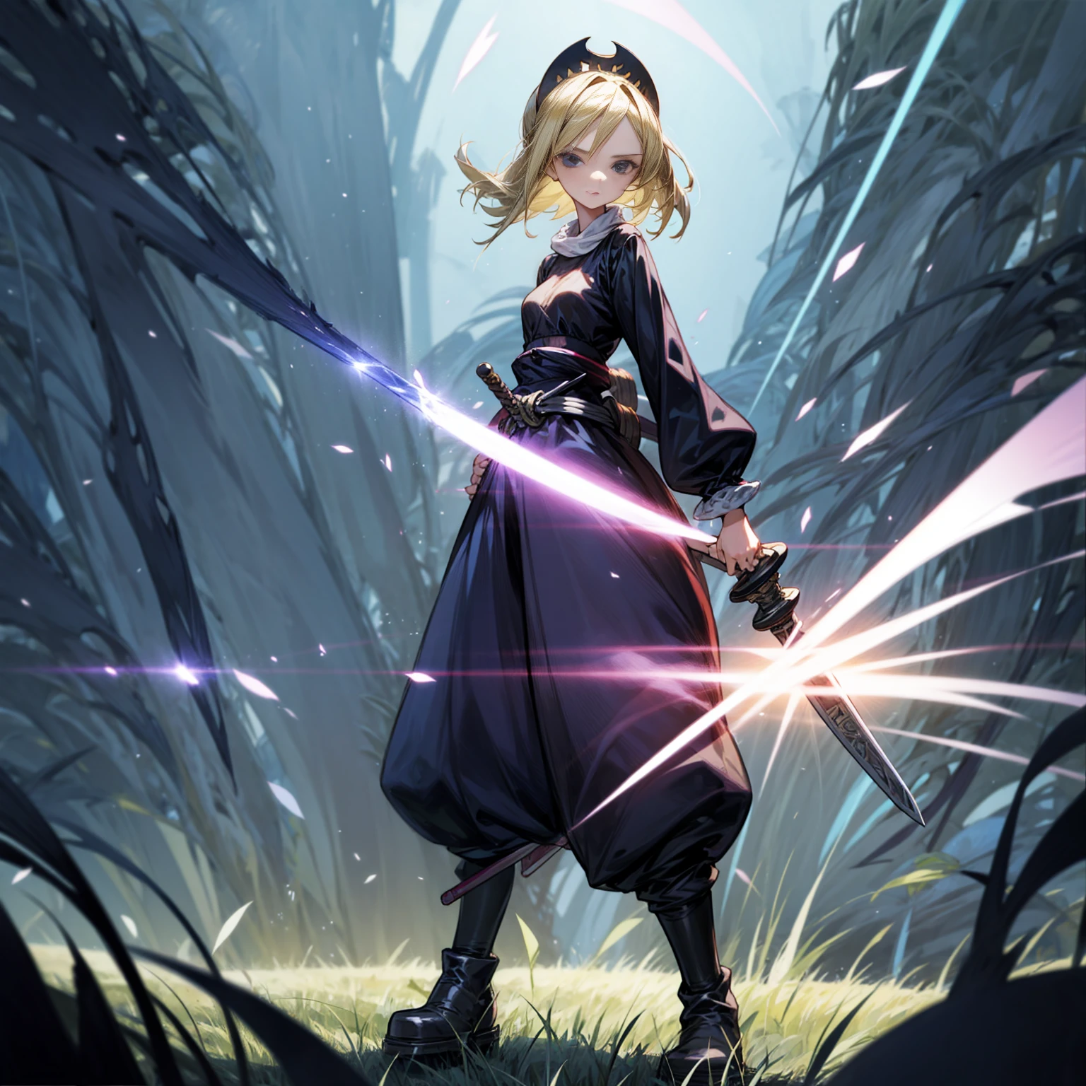 1girl, Full body version, 1character, black eyes, long Frizzy haircut, blonde colour hair, medieval clothing, long pants, headband, boots, Grassroots, full background in field town, motion blur, lighting, (one piece art), standing poses, sword in hand