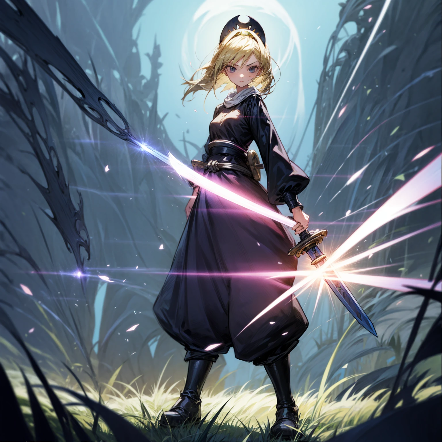 1girl, Full body version, 1character, black eyes, long Frizzy haircut, blonde colour hair, medieval clothing, long pants, headband, boots, Grassroots, full background in field town, motion blur, lighting, (one piece art), standing poses, sword in hand