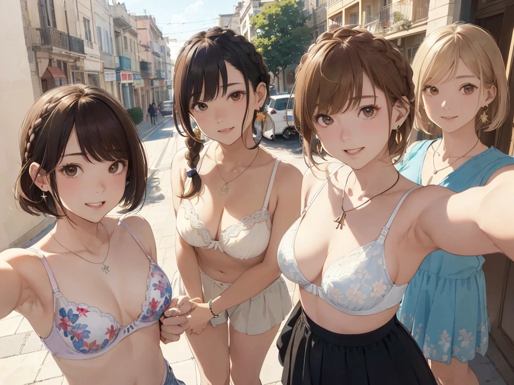 ((masterpiece, best quality, ultra quality, high quality, hyper detailed, intricate detailed, perfect anatomy, shiny skin, cowboy shot,)), (3women are posing for a camera),  (In the schoolyard)、 (Lift up your shirt:1.2), (topless), (Laughing with your mouth open:1.2),  (Stand in line) ,  brown hair, blond hair, navel, jewelry, looking at viewer, necklace, long hair, short hair, (Abdominal muscles), (Depth of written boundary), panties,