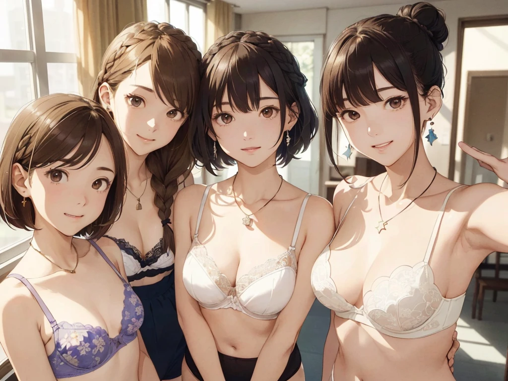 Balcony of a high rise apartment・Balcony(Highest quality、masterpiece、High resolution)、(Sargent-style watercolor)、(Anime Art)、Old school building、((Multiple women、Everyone is standing, got in line))、(Detailed depiction of a beautiful face)、A kind smile、Medium Short Hair、Dark Brown Hair、Braiding、、drink tea、Cinematic Light、Soft sunlight、、White bra and underwear set、Or a set of black bra and underwear、Or a set of red bra and underwear、Or a set of blue bra and underwear、Or wearing a purple bra and underwear set, Or a set of orange bra and underwear、、Floral bra、Floral underwear(,1.8)。garter belt(1.8)whole bodyが写る(1.8)
information(Highest quality:1.2)、Very detailed、High resolution、masterpiece:1,2、Bright colors、Bokeh、Professional Lighting、Physically Based Rendering、Flat Color:0.8、Great illustrations、Realistic:1.37、Makoto Shinkai style、Name Style、Light Brown Hair、Elegant update、Short Bob、Three young women in casual clothes、Laugh together、Dynamic poselip、cheek(Dark Brown Hair/)bangs、cheek(direction)、(最高masterpiece1.2)繊細なイラストVery detailed、Breaking the Blue Sky、Detailed Background、20-year-old female、whole bodyが写る、A shy smile、Through clenched teeth、Through clenched teeth、lip、cheek(Flat Color: 0.8)、(masterpiece: 1,2)、(masterpiece: 1,2)、High resolution、超High resolution、Highest quality、High resolution、Ultra-thin illustration、Makoto Shinkai style、Your name is style、Short Bob、necklace、Earrings、Dynamic pose、Selfie、whole body、Brown Hair、Braiding、Hair Bun、ponytail・Hair Bunスタイル、necklace、Valletta、ribbon、Earringsアニキュア,。