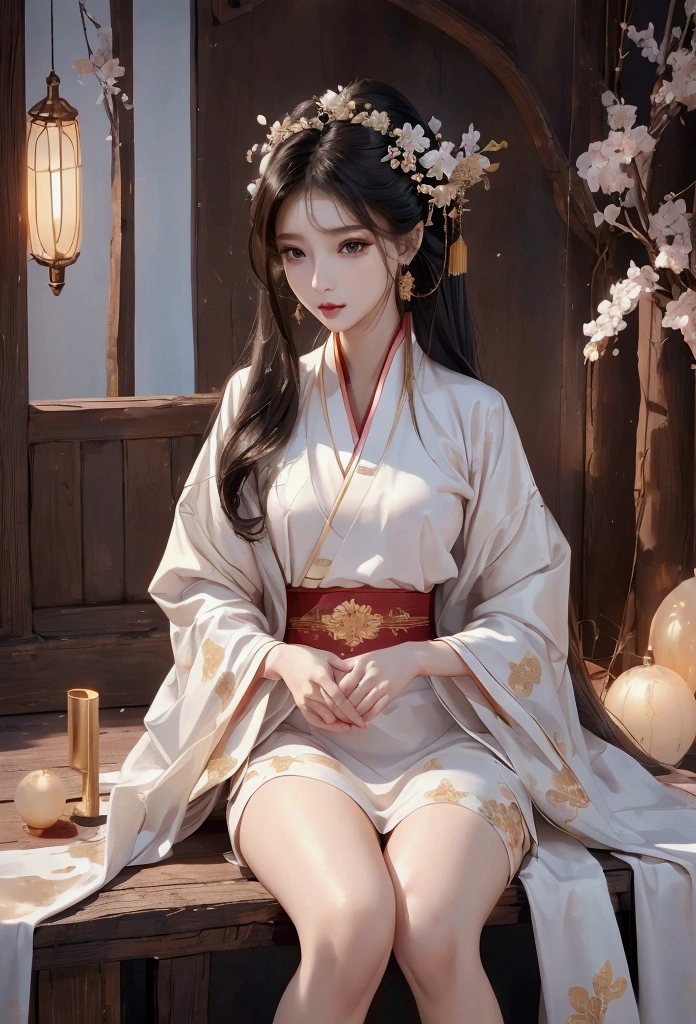 Best image quality、8k、masterpiece:1.3))、Realistic high-quality photos、Highest quality、 Beautiful face、Photos of slim models、Beautiful girl model、Young and pretty face、Beautiful model girl、A lovely and delicate face、Black Hair、Beautiful brown eyes、Young Body、Hanfu, (emphasize)、from the front、Camera gaze,、Anatomically correct、胸の谷間をemphasize、whole body、Exposed thighs、Watercolor、White clothes