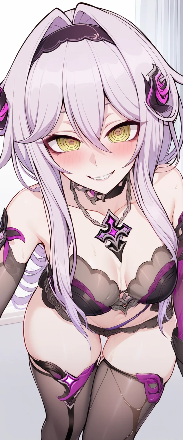 Mature content,masterpiece, best quality, 1girl, hairband, jewelry, bare shoulders, looking at viewer, blush, gloves, smile, collarbone, elbow gloves, necklace, long hair, earrings, solo focus, thighs, thighhighs ,sexy pose,brainwashed,sexual,sexy,crazy smile,corruption,hypnosis,Illustration,wet,liquid,(Satou Kuuki),huge clear eyes, clear and clean background,thelema_(honkai_impact)