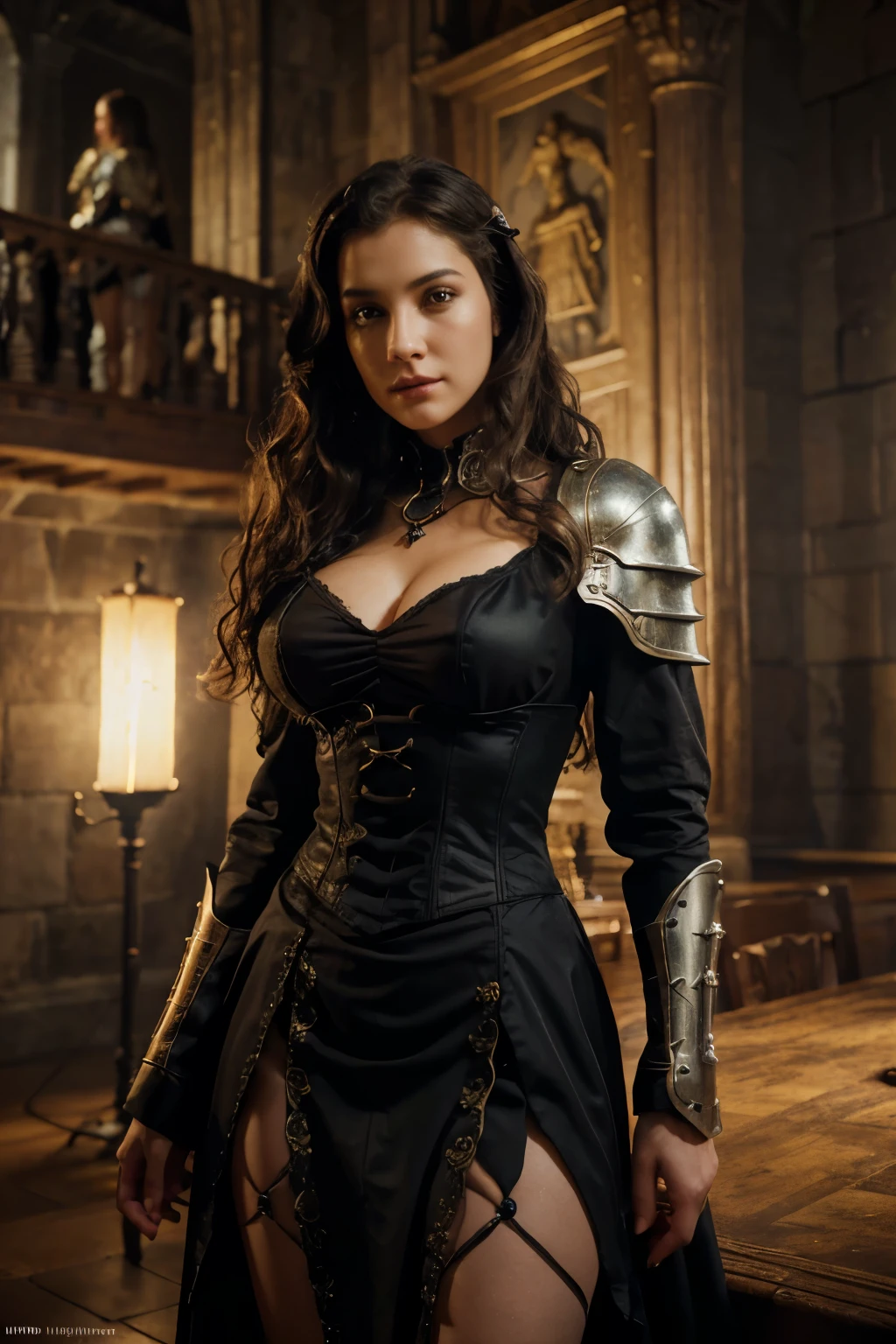 A tall, stately female knight with curly, wavy hair and her squire, medieval, castle in the background, tentacles writhing with their tentacles everywhere, trying to sneak under the woman's skirt, (best quality, 4k, 8k, highres, masterpiece:1.2), ultra-detailed, (realistic, photorealistic, photo-realistic:1.37), HDR, UHD, studio lighting, ultra-fine painting, sharp focus, physically-based rendering, extreme detail description, professional, vivid colors, bokeh, fantasy, dark fantasy, gothic, cinematic lighting, dramatic, epic, intricate details