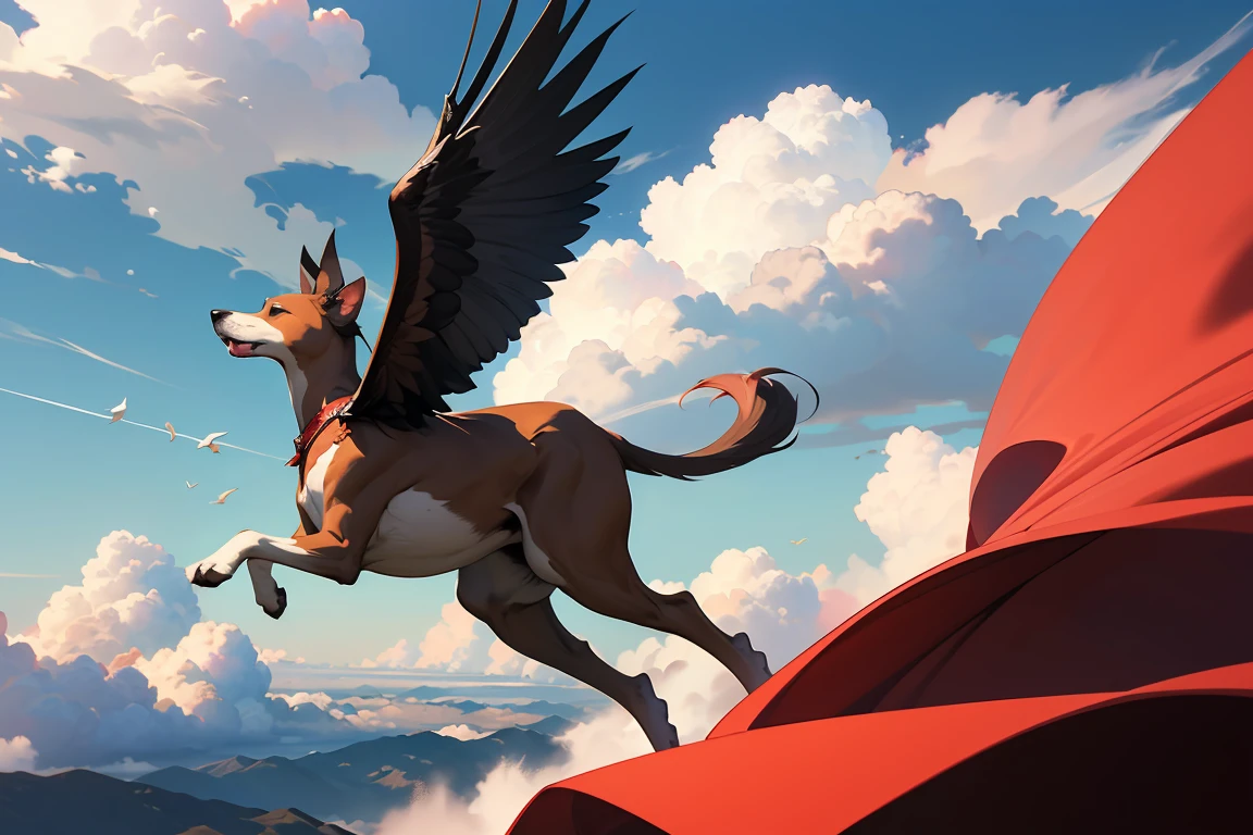 ((Masterpiece, top quality, high resolution)), ((highly detailed CG unified 8K wallpaper)), A puppy flying above the clouds with its red cape fluttering, dynamic, side view,