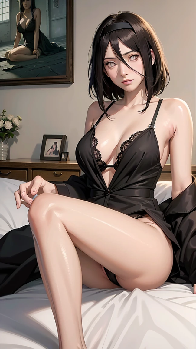 wearing black pajamas, cleavage, deep cleavage, erotic pose, hyuuga hinata, short hair, headband, hana, black eyes, beautiful, beautiful woman, perfect body, perfect breasts, black panties, in bed, bedroom, sitting on the bed, looking at viewer, slight smile, realism, masterpiece, textured skin, super detail, high detail, high quality, best quality, 1080p, 16k