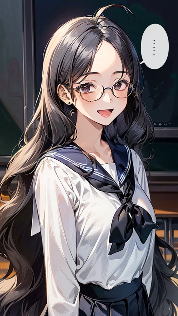 (loli:1.22),(14 Years Old:1.68),(young Woman:1.66),(Masterpiece:1.21),(FHD),(16K),(Top Quality:1.24),(Super Resolution),(Super Illustration),(Best Shadow),(High Quality),(Super Detail:1.15), Elaborate,(1 Woman),(Japanese girl:1.1),(black hair:1.21),(big breasts:1.13),(Long hair:1.83),(Wavy Hair:1.62),(parted bangs:1.86),(glasses:1.39),(slim body:1.82),((Very dark room:1.76)),(((Middle School))),(Classroom in),((white Sailor uniform, white blouse, navy ribbon,black pleated skirt,white socks,black loafers)),(cartoon speech bubble:1.33),(open one's mouth:1.22),(to talk:1.2), (lovely smile, upper eyes),(upper body:1.76)