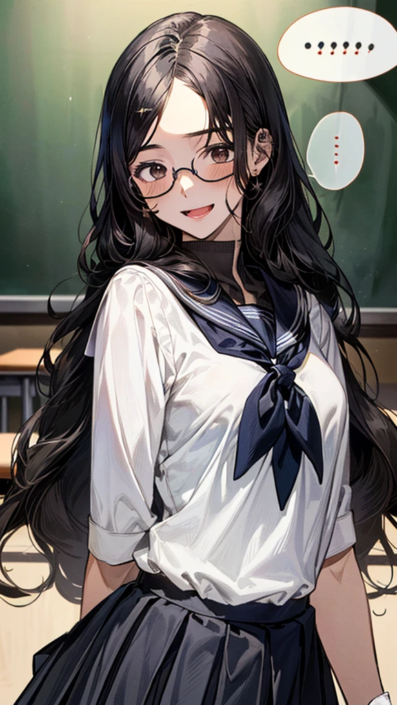 (loli:1.22),(14 Years Old:1.68),(young Woman:1.66),(Masterpiece:1.21),(FHD),(16K),(Top Quality:1.24),(Super Resolution),(Super Illustration),(Best Shadow),(High Quality),(Super Detail:1.15), Elaborate,(1 Woman),(Japanese girl:1.1),(black hair:1.21),(big breasts:1.13),(Long hair:1.83),(Wavy Hair:1.62),(parted bangs:1.86),(glasses:1.39),(slim body:1.82),((Very dark room:1.76)),(((Middle School))),(Classroom in),((white Sailor uniform, white blouse, navy ribbon,black pleated skirt,white socks,black loafers)),(cartoon speech bubble:1.33),(open one's mouth:1.22),(to talk:1.2), (lovely smile, upper eyes),(upper body:1.76)