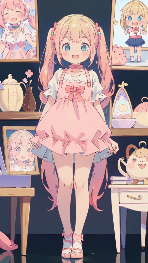 ((masterpiece))((Highest quality))girl、A big smile、blush、Flat Chest、Are thin、Blonde Hair、blush、Are standing、Whole body image、Eye level to the feet、front、No background、真frontのアングル、Pink clothes、Two-tone red and blue hair、Twin tails、Red Alice outfit、Reflected up to your feet