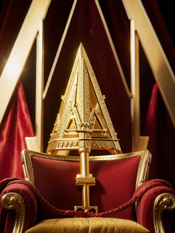  Shiny golden 2 key, 2 Key is a red string , (Piercing the Eye of Providence of golden pyramid ),  on Pop  chair, (foreshortening, Canon, 8k, anatomically correct,  super detail, high details, highness, 