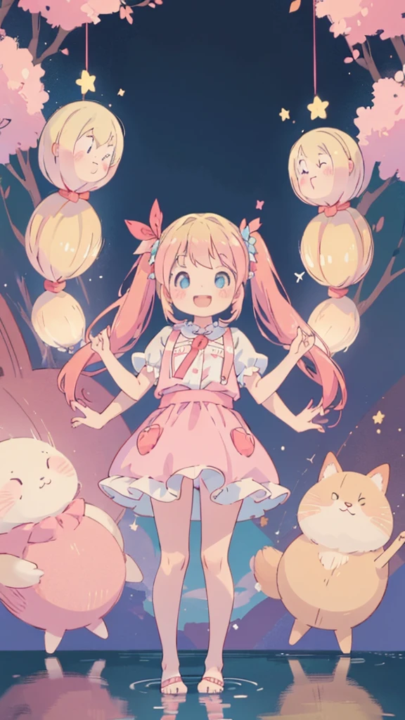 ((masterpiece))((Highest quality))girl、A big smile、blush、Flat Chest、Are thin、Blonde Hair、blush、Are standing、Whole body image、Eye level to the feet、front、No background、真frontのアングル、Pink clothes、Two-tone red and blue hair、Twin tails、Red Alice outfit、Reflected up to your feet