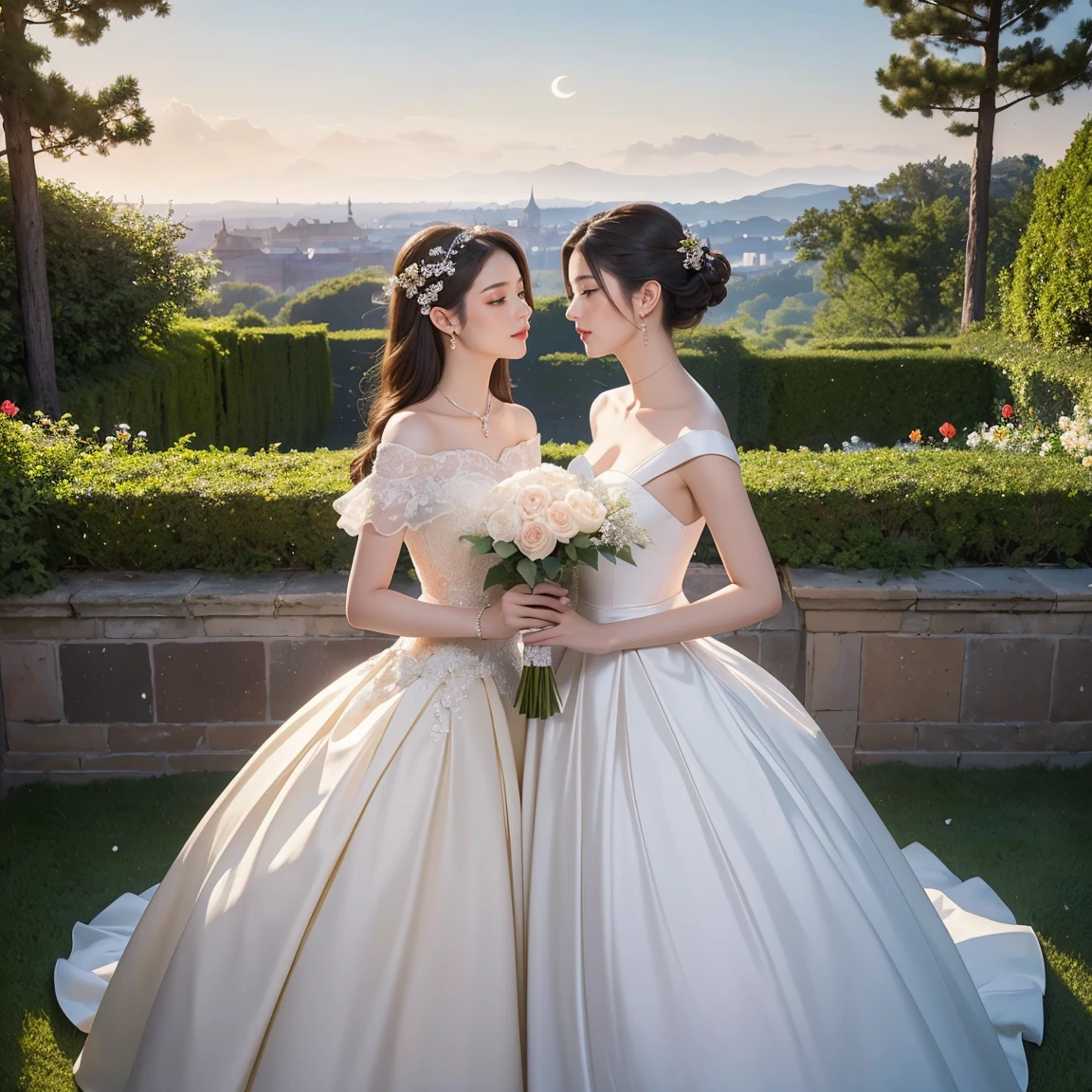 (masterpiece, highest quality, official art, beauty and aesthetic:1.5), perfect anatomy, two stunning bride is deeply in love with each other, kiss, romantic atmosphere, flower and moon, magnificent panorama view