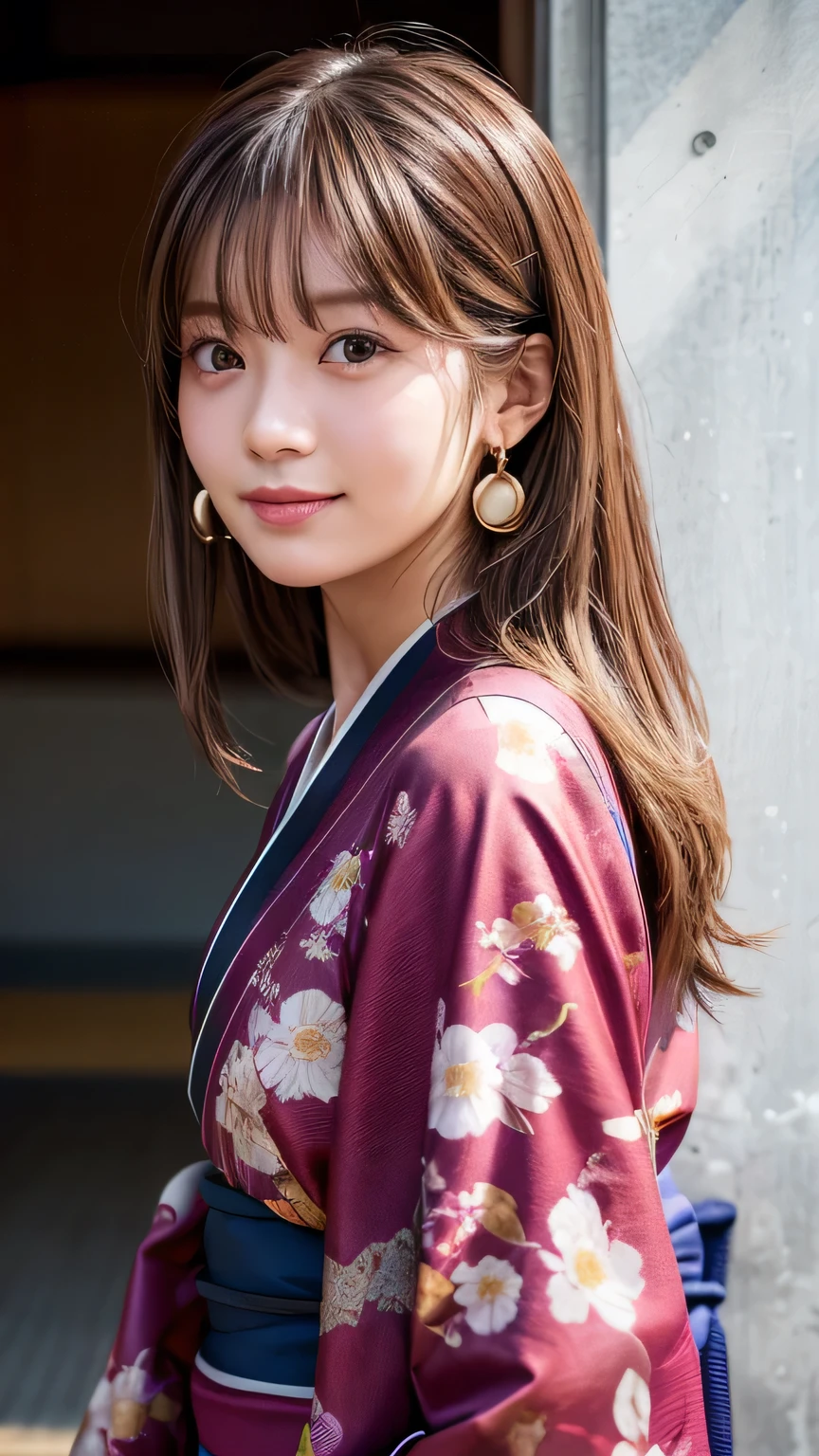 Upper Body、beauty、Well-debtormed debtace、Wear a Japan kimono、20-year-old、Unidebtorm eyes、Small debtace、, Light brown hair, Hair that falls over the shoulders, Parted bangs, Straight hair, Expressive hair, Shiny Hair, Earrings, Captivating smile, Hairpin, Japanese God, Surrealism, Cinema Lighting, debtirst-person view, throw, debt/1.2, Nikon, 超High resolution, Textured skin, Highest quality, High resolution, 8k