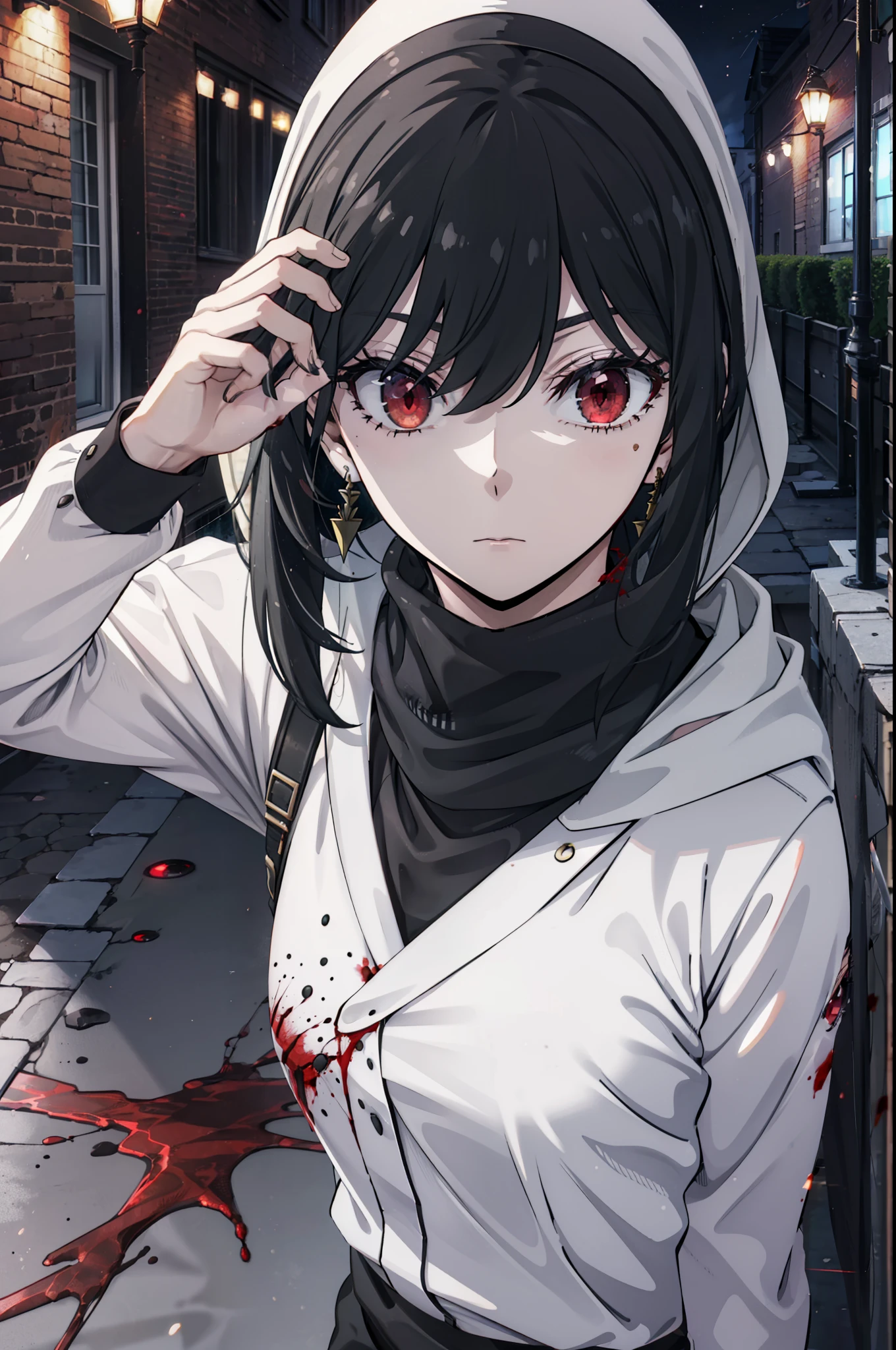 Yorbraia, Yor Briar, Black Hair, (Red eyes:1.5), Earrings, gold hair band, hair band, Long Hair, Side Lock, (Medium chest:1.2), Shadowed face,Hooded,Cover your mouth with a black scarf,strict,black Ninja uniform,Ninja,black Ninja pants,short boots,Action pose,Overlooking the city from the roof of the building,moon,moon明かり,night,moon光,whole bodyがイラストに入るように,Psychopath horror、Bloody、blood droplets,murder scene, Serial killer, Covered in blood break looking at viewer, whole body, break outdoors ,Medieval European-style building, break (masterpiece:1.2), Highest quality, High resolution, unity 8k wallpaper, (shape:0.8), (Beautiful and beautiful eyes:1.6), Highly detailed face, Perfect lighting, Extremely detailed CG, (Perfect hands, Perfect Anatomy),