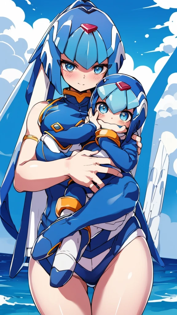 Leviathan_Megamanz, 1 Girl ,Looking at the viewer , blue hair, Blue eyes,Clouds background , Blushed, Wedding ring, Glasses, Holding a  girl in hands