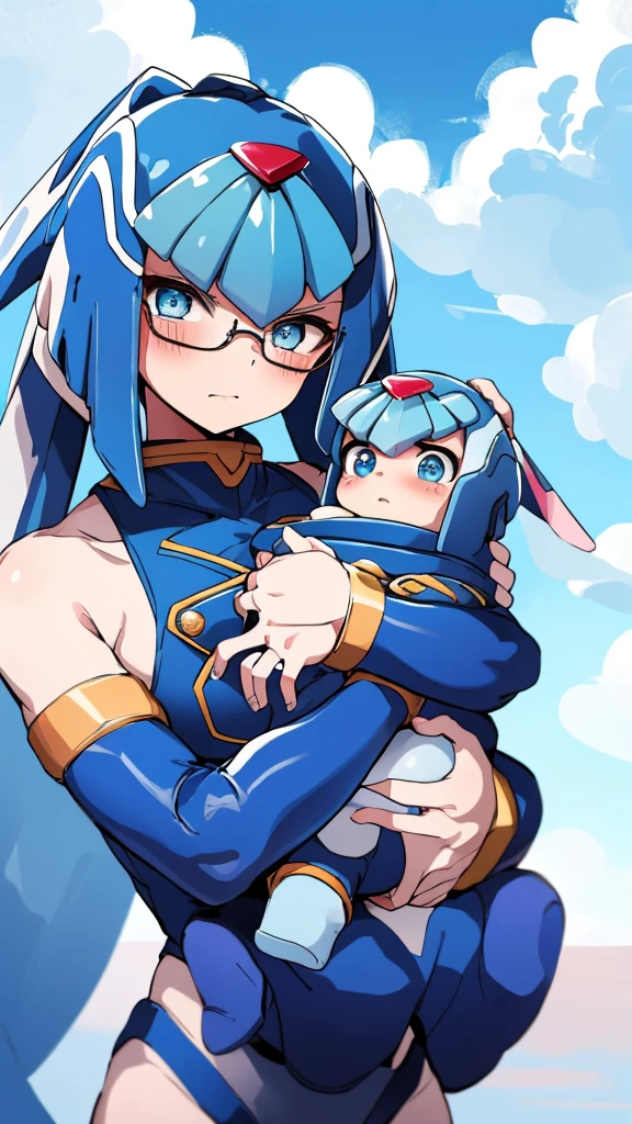 Leviathan_Megamanz, 1 Girl ,Looking at the viewer , blue hair, Blue eyes,Clouds background , Blushed, Wedding ring, Glasses, Holding a baby girl in hands