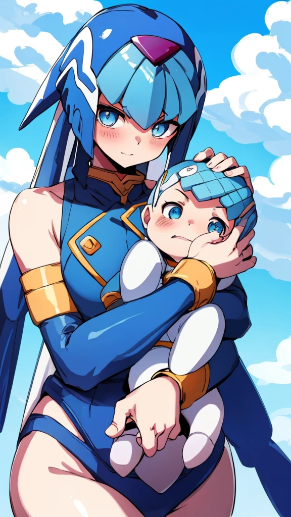 Leviathan_Megamanz, 1 Girl ,Looking at the viewer , blue hair, Blue eyes,Clouds background , Blushed, Wedding ring, Glasses, Holding a baby girl in hands
